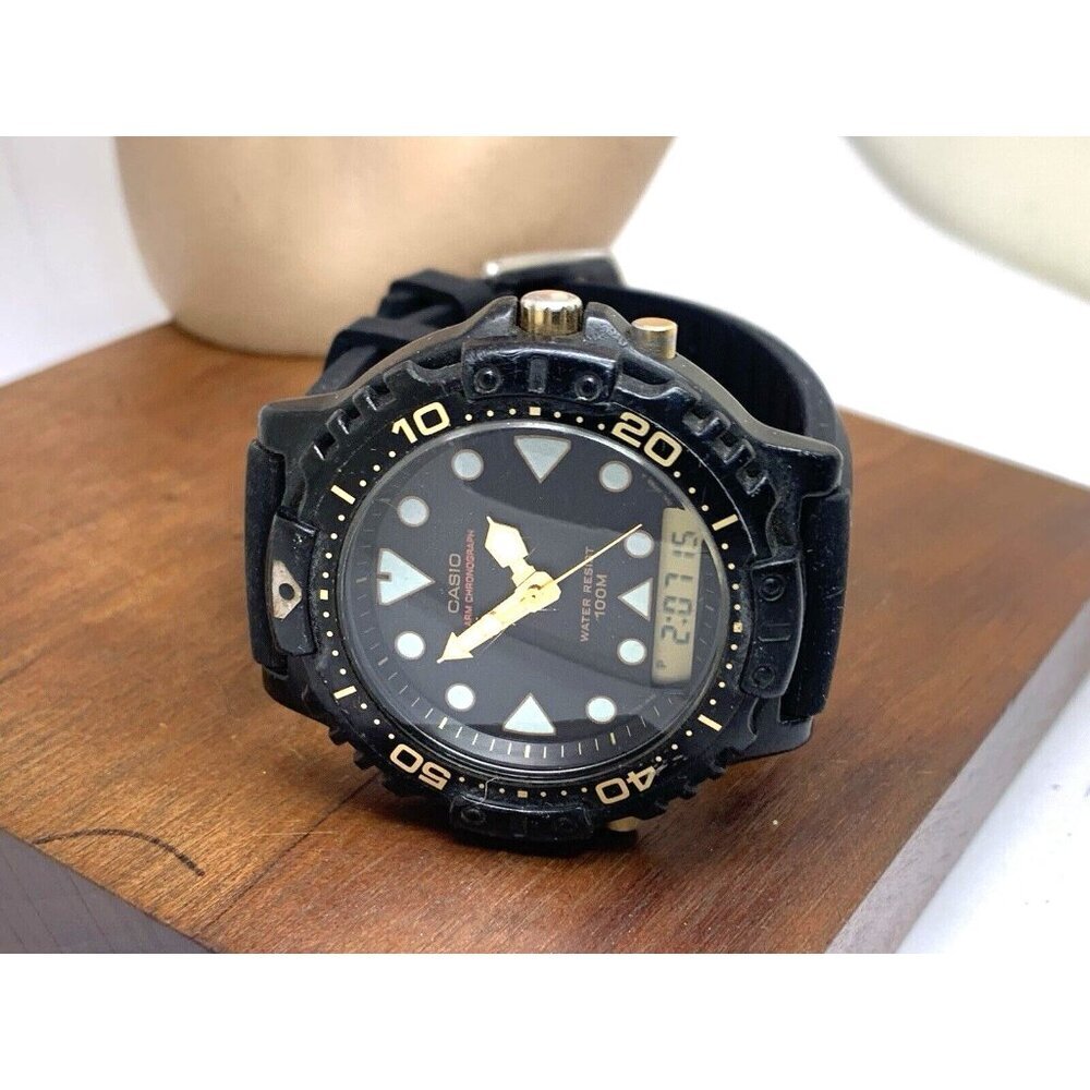 Casio Men's Watch AQ-110 Quartz Analog Digital Alarm 44mm 740 Black Rubber USED - Picture 8 of 14